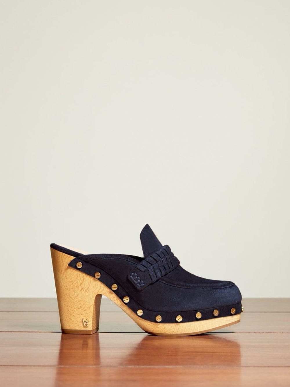 Veronica Beard Navy Suede Clog Mule with Wooden Heel